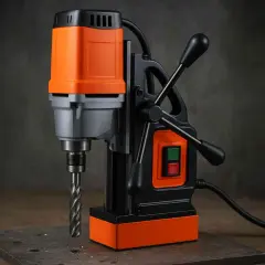 Perceuse magnétique orange et noire avec mèche sur une plaque métallique.