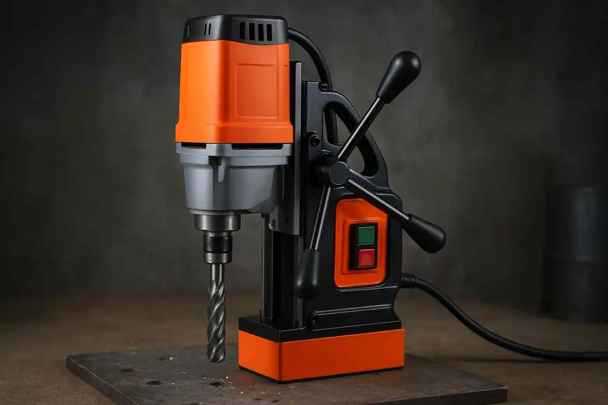 Perceuse magnétique orange et noire avec mèche sur une plaque métallique.
